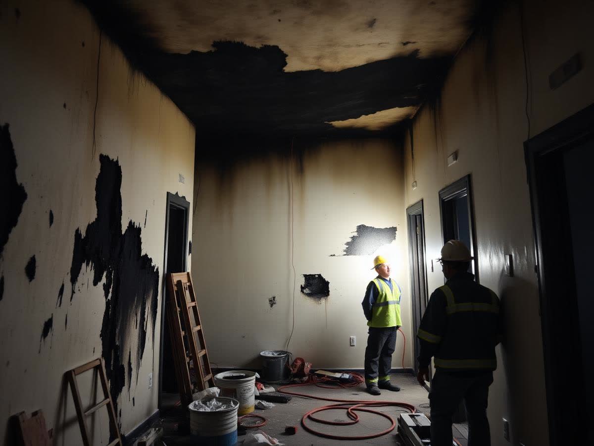 Herstelwerkzaamheden aan een woongebouw na brandschade